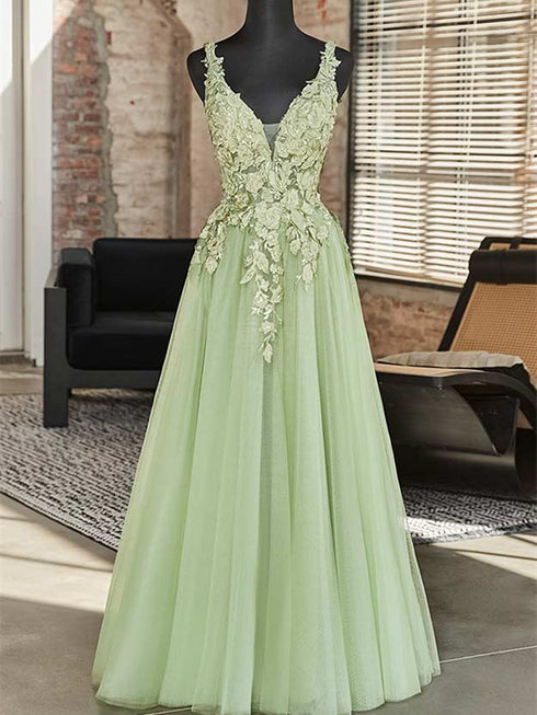 A-line Light Green V-neckline with Lace Applique Prom Dress, Green Tulle Party Dress