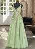 A-line Light Green V-neckline with Lace Applique Prom Dress, Green Tulle Party Dress
