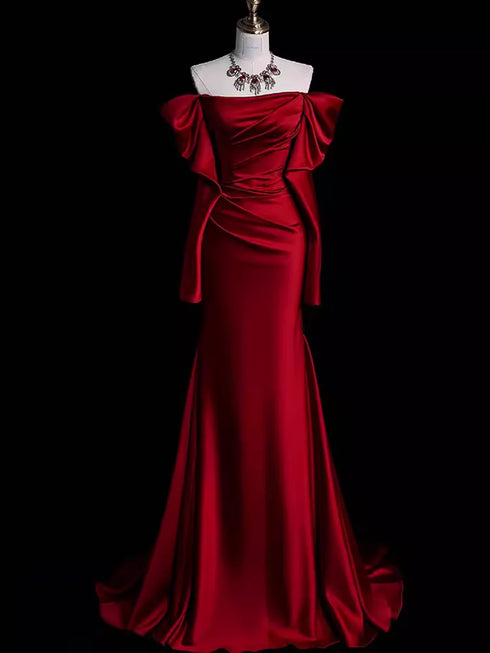 Elegant Wine Red Mermaid Long Sleeves Evening Dress, Wine Red Prom Dress
