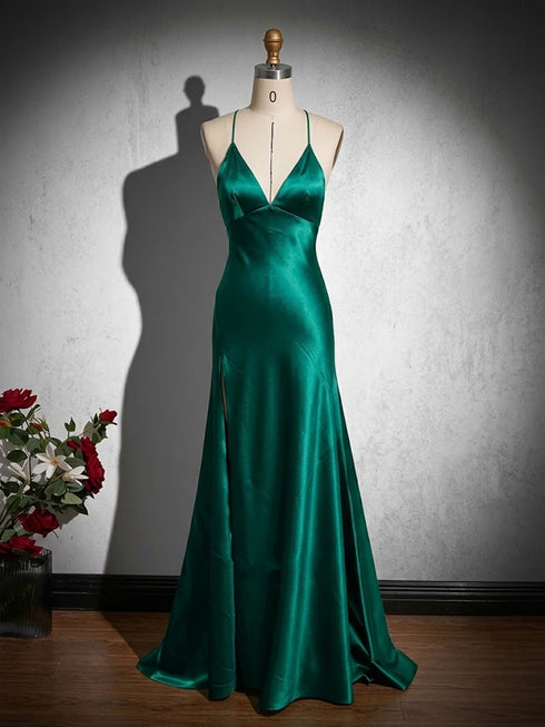 Green V-Neck OpenBack Satin Slit Prom Dress, Elegance Satin Floor Length Evening Gown