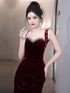 Wine Red Sweetheart Beaded Mermaid Party Dress, Wine Red Velvet Prom Dress Evening Dress