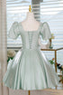 Green Satin A-line with Flower Short Sleeves Homecoming Dress, Green Satin Party Dress
