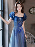A-line Blue Sweetheart Short Sleeves Party Dress, Blue Long Prom Dress Evening Dress