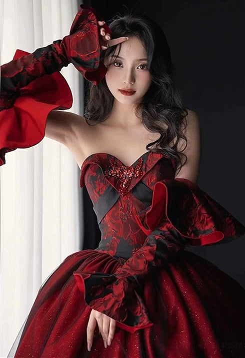 Black and Red Long Sleeves Party Dress Evening Dress, Black Wedding Party Dress