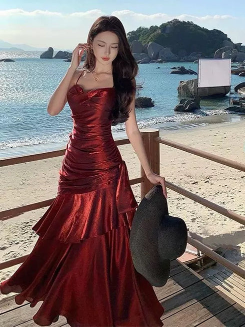 Lovely Wine Red Satin Mermaid Chic Sweetheart Prom Dress, Wine Red Satin Long Eveming Dress