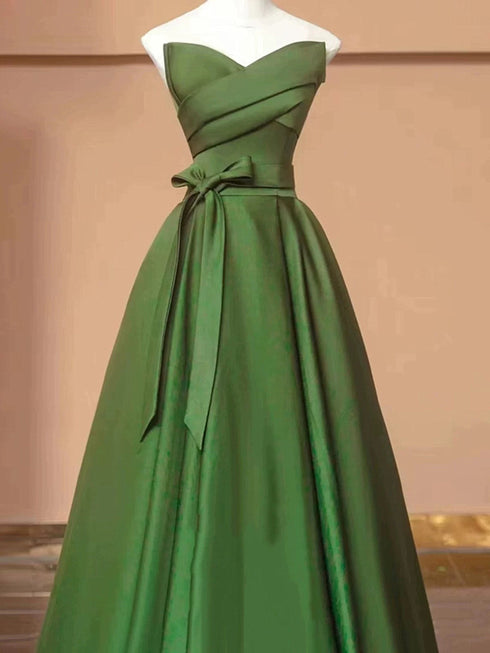 Green Satin V-neckline Floor Length Party Dress, A-line Simple Green Prom Dress