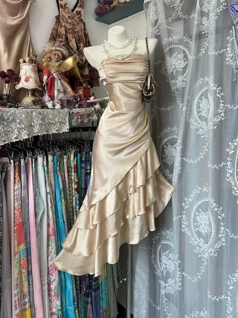 Elegant Sleeveless Ruched Graduation Dress, Champagne Satin Tiered High-Low Party Dress