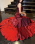 Wine Red Mermaid Spaghetti Strap Prom Dress, Ruched Long Shimmering Tiered Party Dress