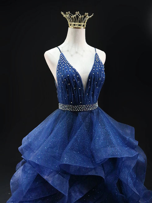 Shiny Tulle Blue Layers V-neckline Party Dress, Blue Beaded Long Prom Dress