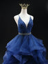 Shiny Tulle Blue Layers V-neckline Party Dress, Blue Beaded Long Prom Dress