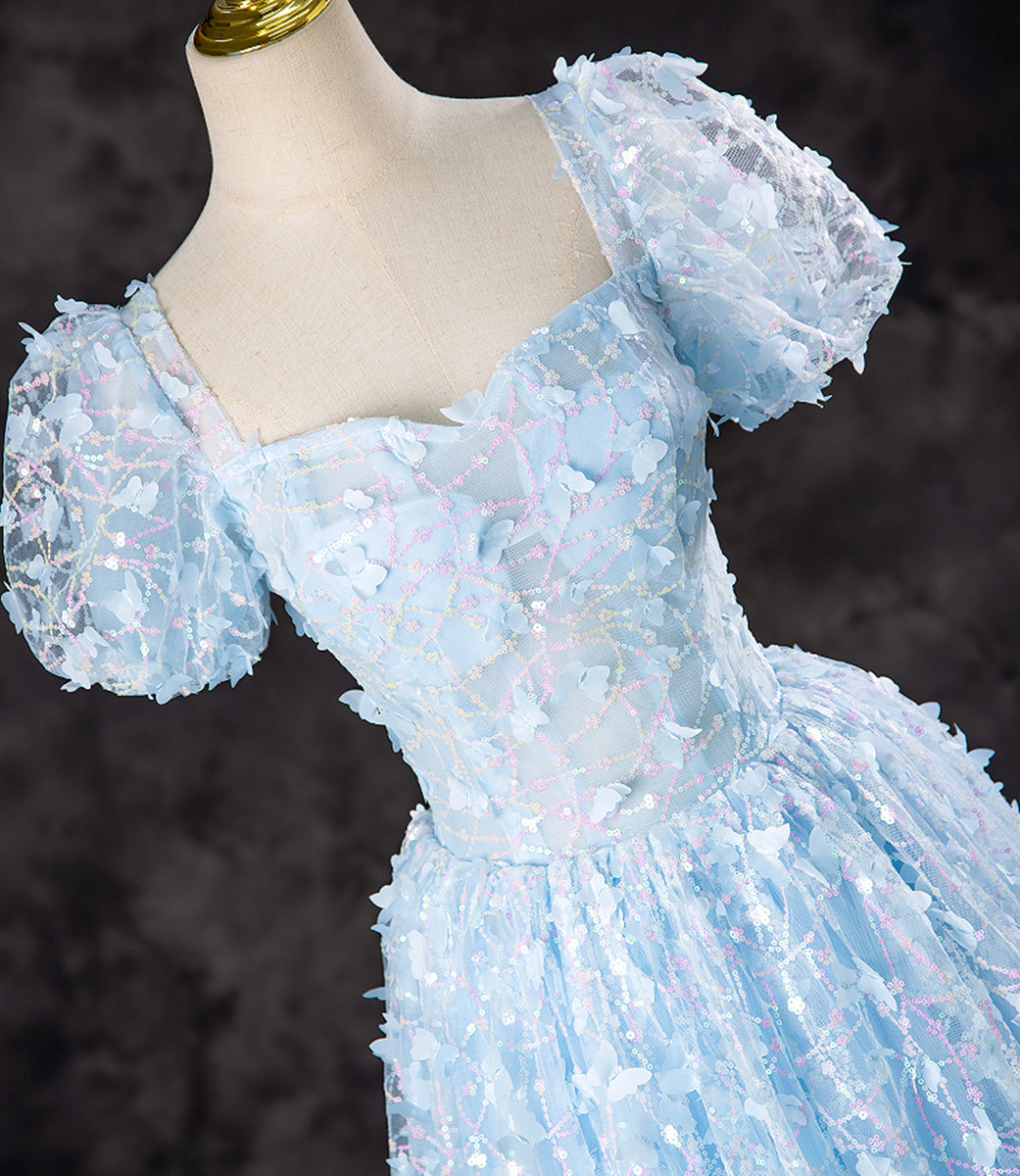 Light Blue A-line Lace Short Sleeves Prom Dress, Light Blue Evening Dr