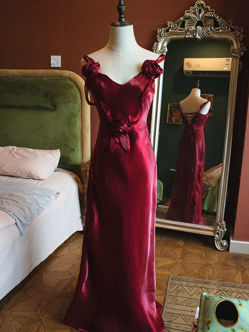 Wine Red V-neckline Mermaid Long Straps Party Dress, Wine Red Satin Prom Dress