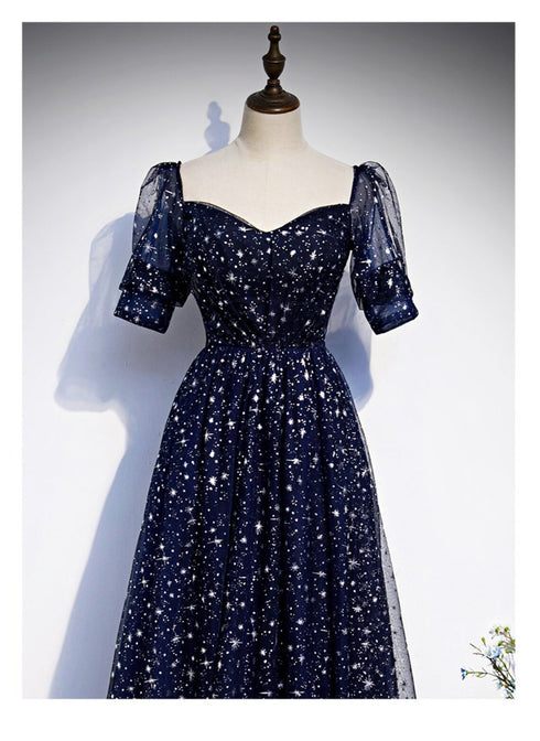 Navy Blue Simple Tulle Short Sleeves Prom Dress, Navy Blue Long Evening Dress