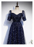 Navy Blue Simple Tulle Short Sleeves Prom Dress, Navy Blue Long Evening Dress
