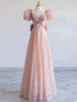 A-line Pink Sequins and Velvet Short Sleeves Party Dress, Pink Floor Length Prom Dress