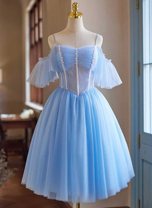 A-line Tulle Beaded Off Shoulder Homecoming Dress, Blue Prom Dress