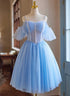 A-line Tulle Beaded Off Shoulder Homecoming Dress, Blue Prom Dress