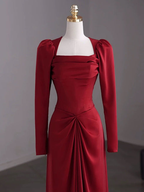 Wine Red Long Sleeves Satin A-line Prom Dress, Wine Red Satin Party Dress Evening Dress