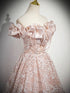 Pink Lace Off Shoulder A-line Long Party Dress, Lace Pink Evening Dress Prom Dress