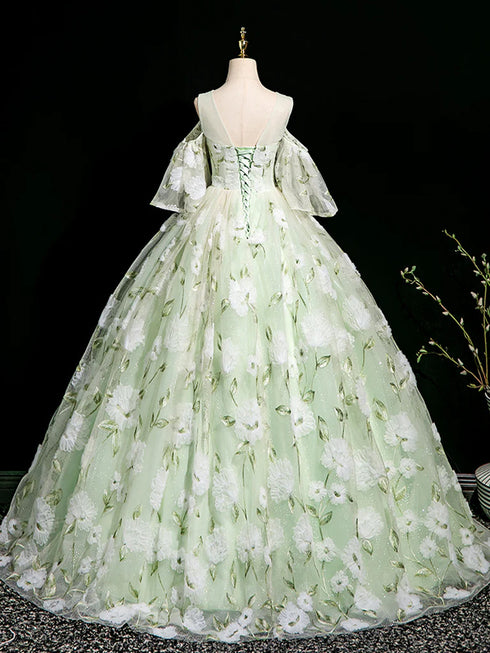 Mint Green Fairytale Prom Gown, Mint Green Tulle Prom Dress with 3D Flowers