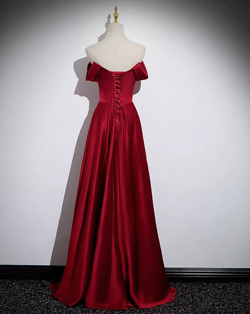 Wine Red Satin Off Shoulder Long Party Dress, A-line Satin Prom Dress
