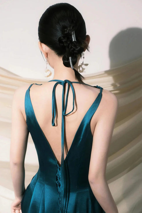 Blue Satin Halter A-line Low Back Floor Length Party Dress, Teal Blue Evening Dress Prom Dress
