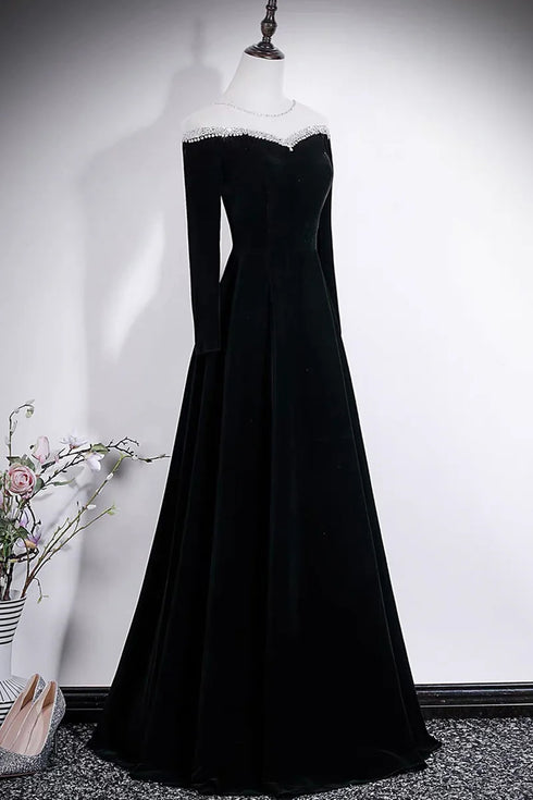 A-line Black Velvet Long Sleeves Beaded Prom Dress, Black Round Neckline Party Dress