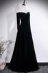 A-line Black Velvet Long Sleeves Beaded Prom Dress, Black Round Neckline Party Dress