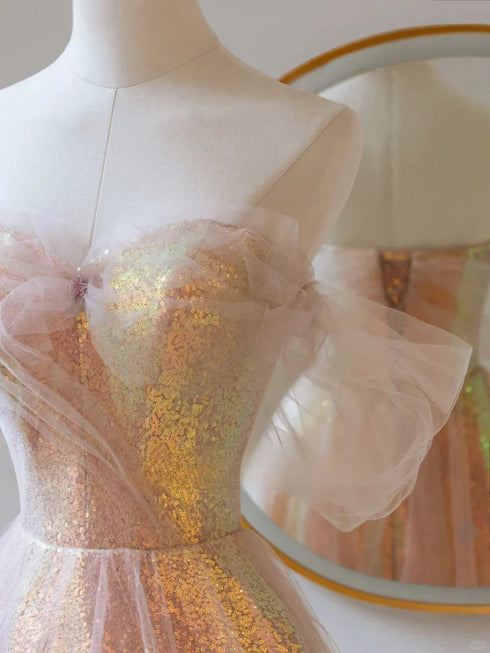 Off Shoulder Sweetheart Long Prom Dress, A-line Sequins and Tulle Long Evening Dress