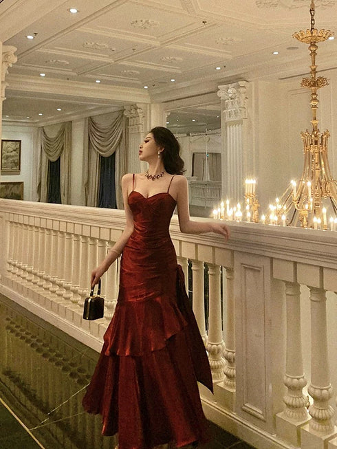 Wine Red Mermaid Straps Satin Chic Party Dress, Wine Red Satin Prom Dress Evening Dress