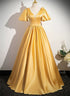 A-line Yellow Satin V-neckline Long Prom Dress, Yellow Satin Evening Dress