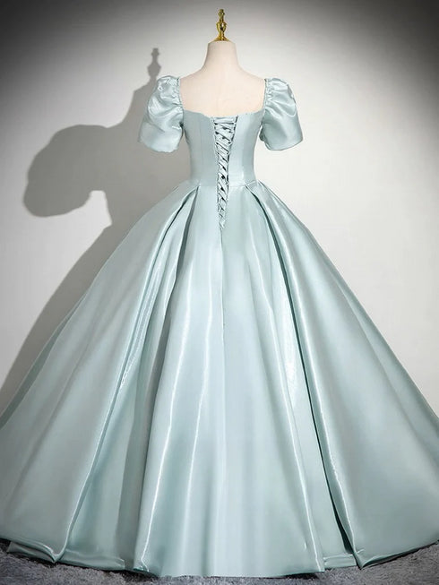 Light Green Satin Short Sleeves Party Dress, A-line Green Satin Prom Dress with Lace Applique