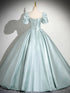 Light Green Satin Short Sleeves Party Dress, A-line Green Satin Prom Dress with Lace Applique