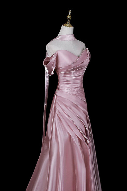 Elegant Pink Satin Off Shoulder Mermaid Party Gown, Pink Long Formal Dress Evening Dress