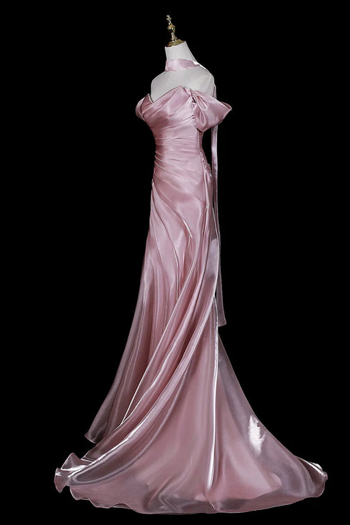 Elegant Pink Satin Off Shoulder Mermaid Party Gown, Pink Long Formal Dress Evening Dress