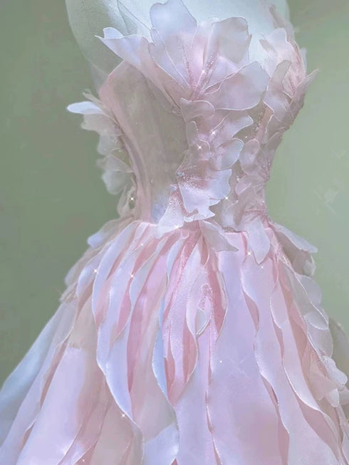 Pink Round Neckline Organza A-line Long Party Dress, Layers Organza Prom Dress