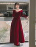 Wine Red Velvet Long Sleeves A-line Evening Dress, Wine Red Velvet Prom Dress