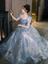 Blue A-line Short Sleeves Party Dress Prom Dress, Blue Floral Evening Dress
