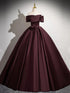 Maroon Satin Off Shoulder Simple A-line Party Dress, Maroon Long Prom Dress