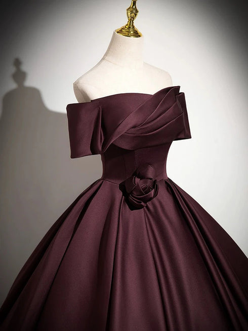Maroon Satin Off Shoulder Simple A-line Party Dress, Maroon Long Prom Dress