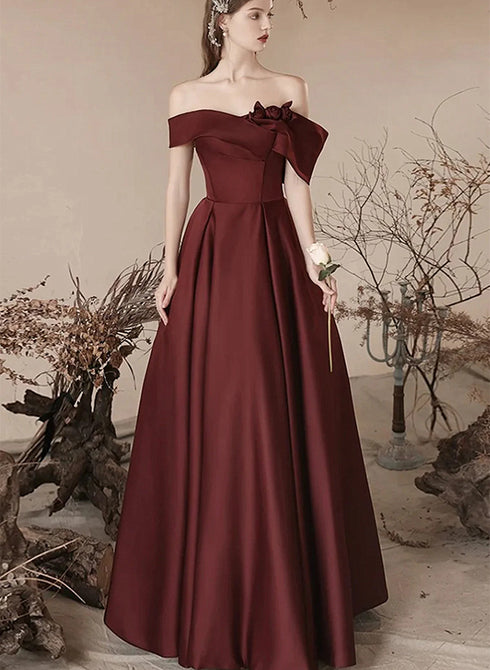 Lovely Burgundy Satin Off Shoulder Party Dress, Satin Simple Long Prom Dress