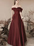 Lovely Burgundy Satin Off Shoulder Party Dress, Satin Simple Long Prom Dress