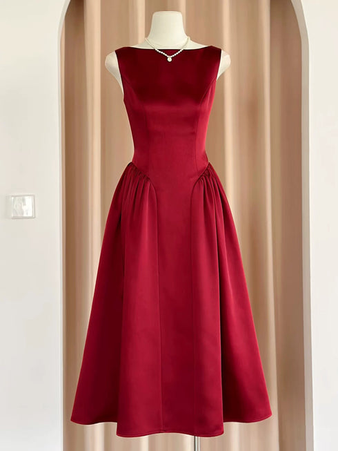 Wine Red Satin Tea Length Wedding Party Dress, Wine Red Satin Party Dress