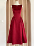Wine Red Satin Tea Length Wedding Party Dress, Wine Red Satin Party Dress