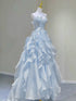 Light Blue Fashion Fairy Low Back Long Party Dress, Light Blue Prom Dress