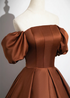 Brown Satin A-line Short Sleeves Party Dress, Simple Satin Prom Dress Evening Dress