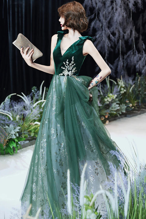 Green A-line Tulle Long Evening Dress Prom Dress, Green Tulle Party Dress
