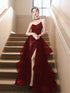 Wine Red Sequins A-line Strap Beaded Party Dress, V-neckline Prom Dress Evening Dress
