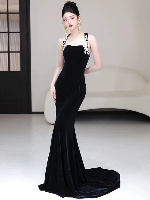 Black Mermaid Velvet Halter Long Party Dress, Black Velvet Evening Dress Prom Dress