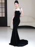 Black Mermaid Velvet Halter Long Party Dress, Black Velvet Evening Dress Prom Dress